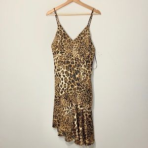 Satin Leopard Ruffle Asymmetric Hem Slip Dress